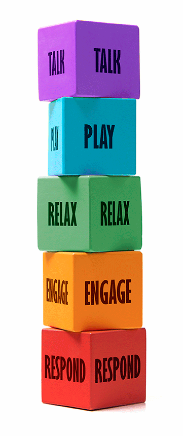 A stack of building blocks that from top to bottom say: talk, play, relax, engage, respond